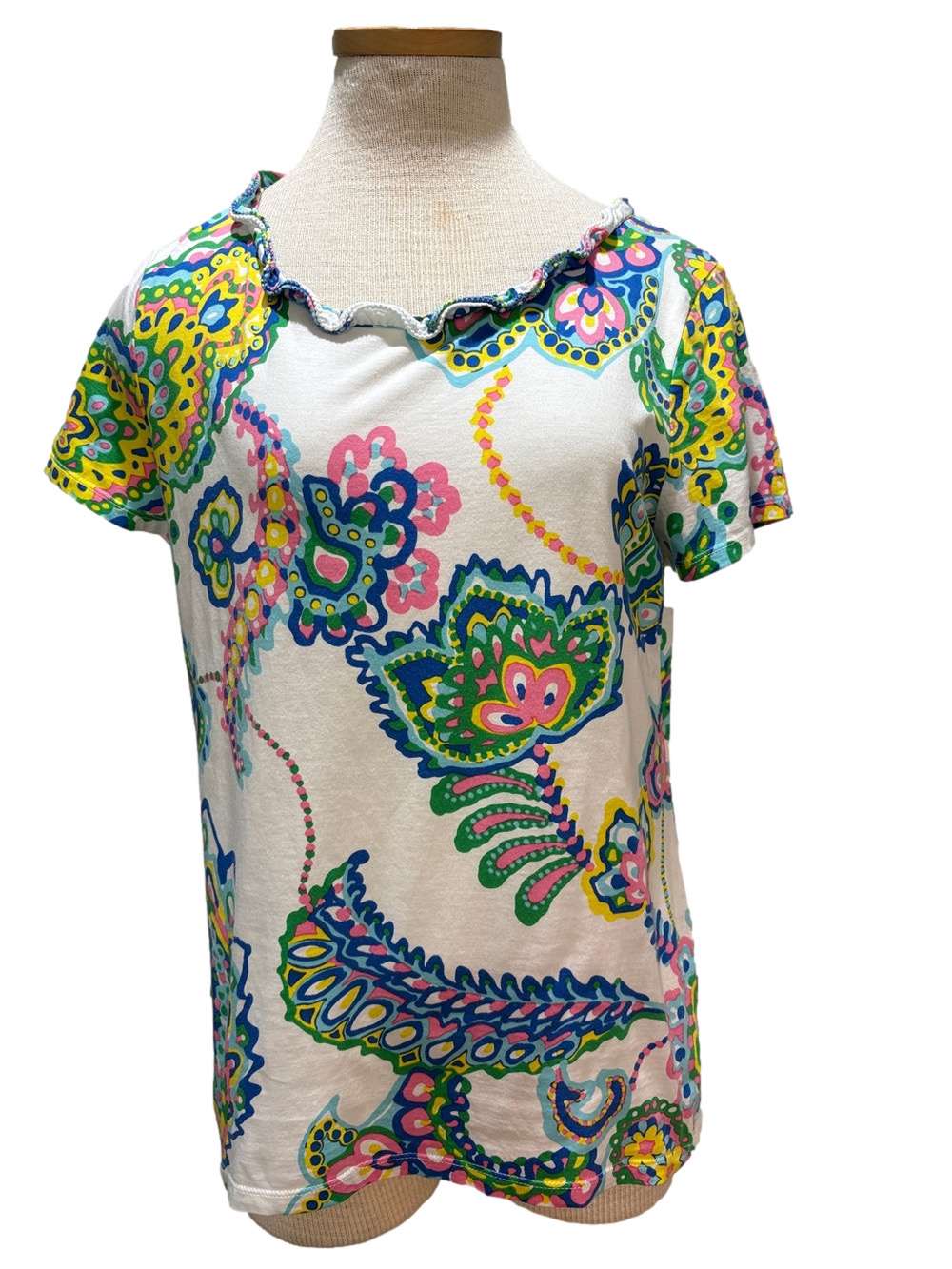 Talbots sz M 100% pima cotton pastel ruffle neck short sleeve tshirt